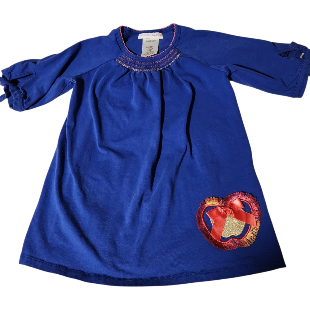 Bonnie Jean Girls 4T Smocked Dress Blue 3/4 Sleeve Glitter Apple Bow